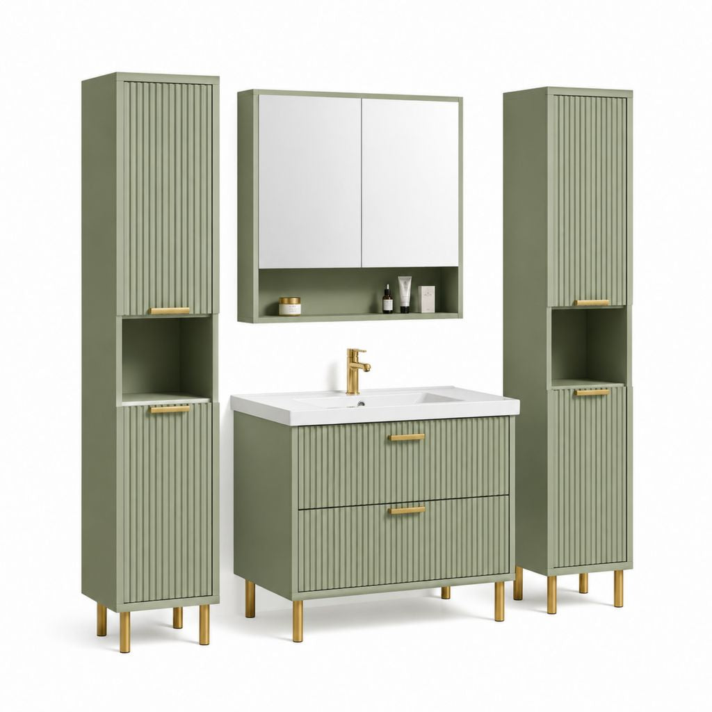 Badezimmermöbel Set 4-teilig Salbeigrün MDF geriffelte Fronten mit Keramikwaschtisch 80 x 46 x 85 cm
