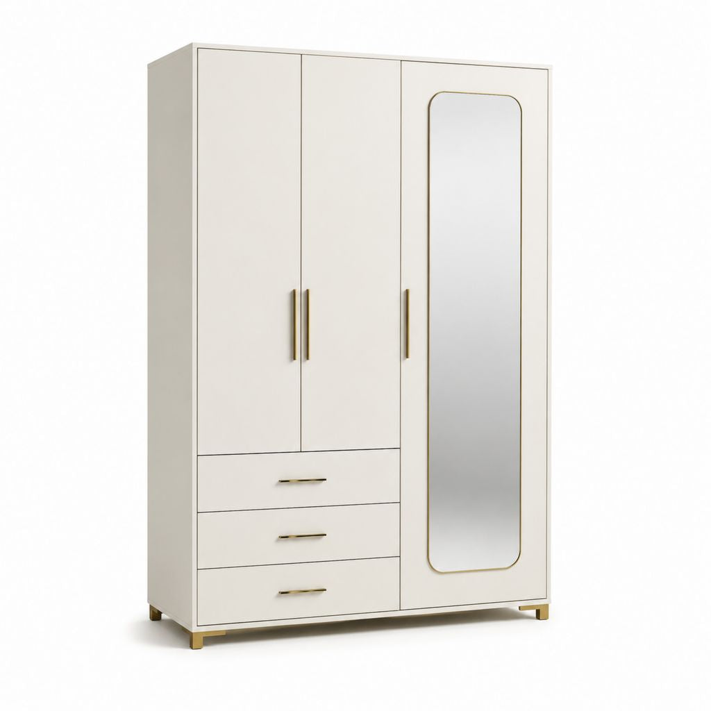 Kleiderschrank 3-türig Weiß aus Spanplatte Rechteckig mit Spiegel und 3 Schubladen 120 x 52 x 200 cm