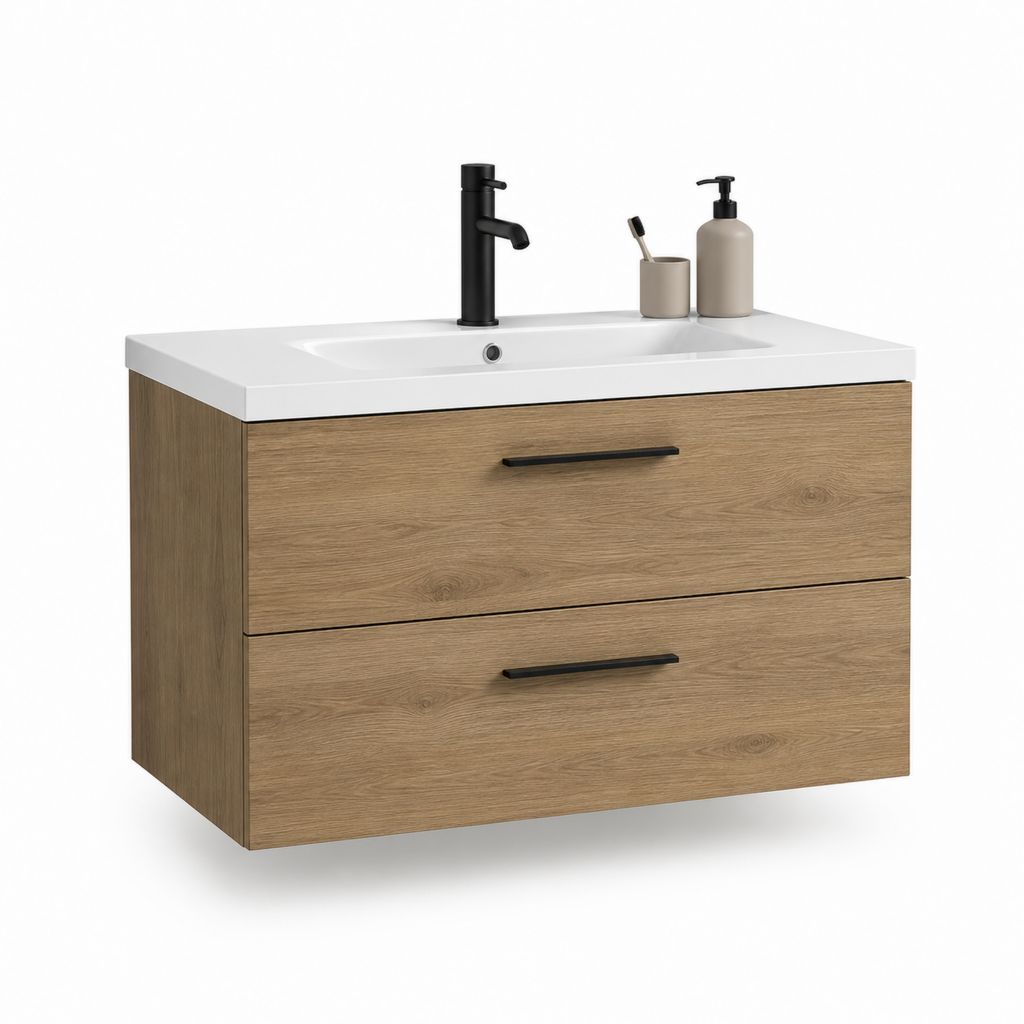 Waschtischunterschrank Set mit Waschbecken Eiche hell Weiß Spanplatte rechteckig 80 x 46 x 55 cm