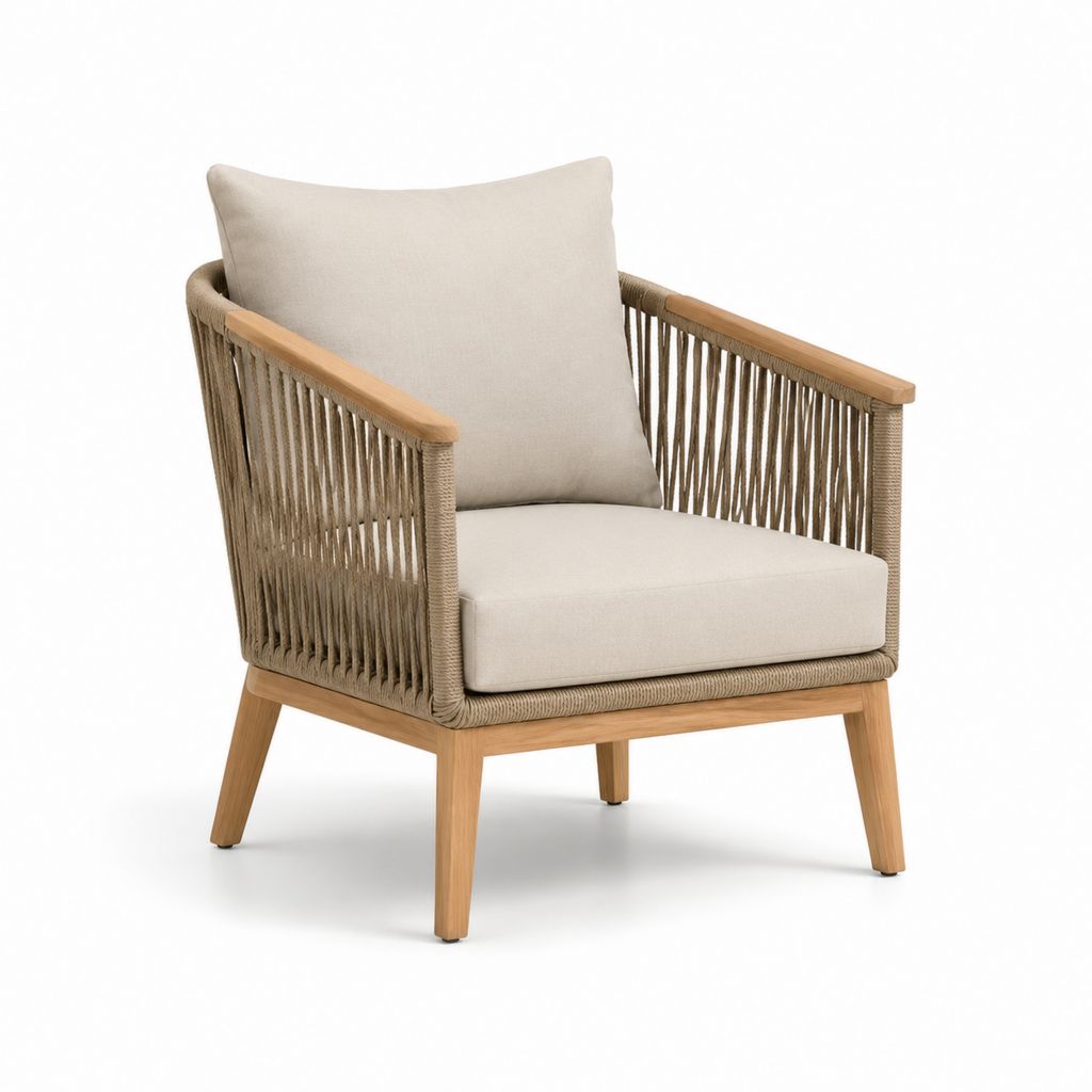 Garten-Loungesessel Beige aus Akazien-Massivholz und Polypropylen-Kordel 75 x 80 x 77 cm