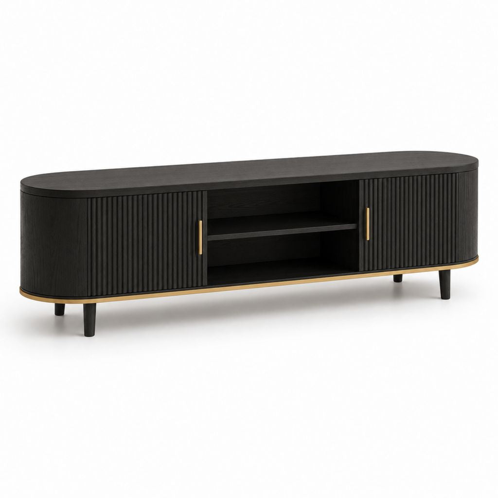 TV Lowboard Schwarz aus MDF mit geriffelter Front 180 x 40 x 55 cm