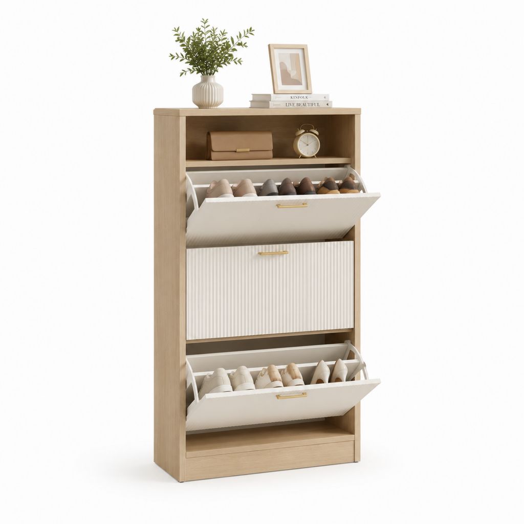 Schuhschrank Weiß Eicheoptik aus melaminharzbeschichteter Spanplatte mit 3 Klappen 60 x 24 x 120 cm