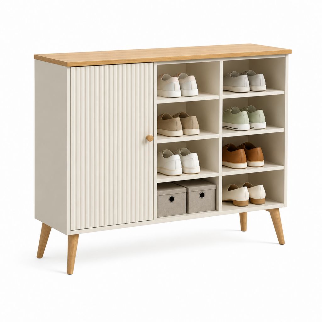 Schuhschrank Weiß Eiche Spanplatte Rechteckig 120 x 40 x 100 cm mit Tür und 8 offenen Fächern