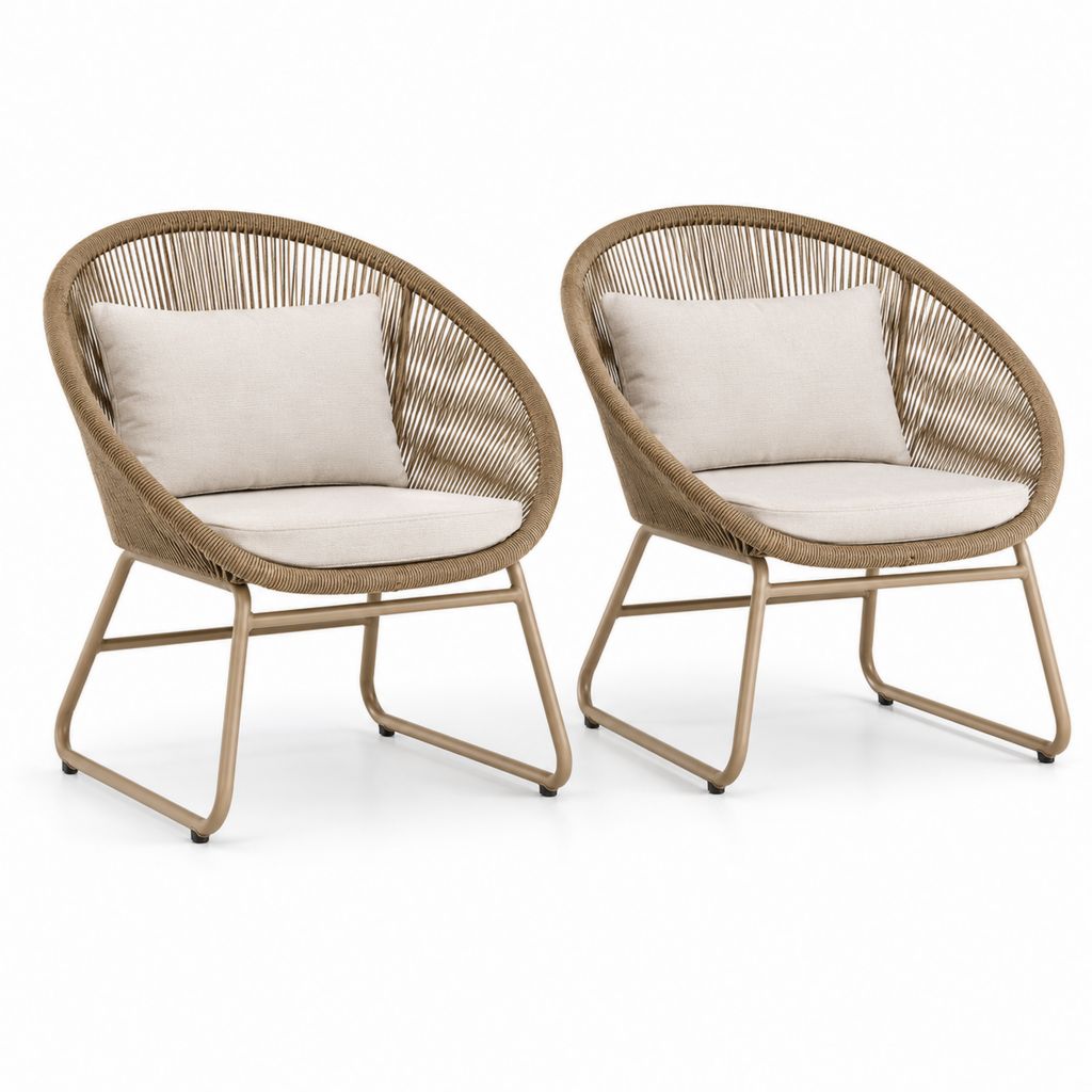 2er Set Gartenstühle Beige mit PE-Geflecht Stahlgestell und Kissen 75 x 74 x 80 cm
