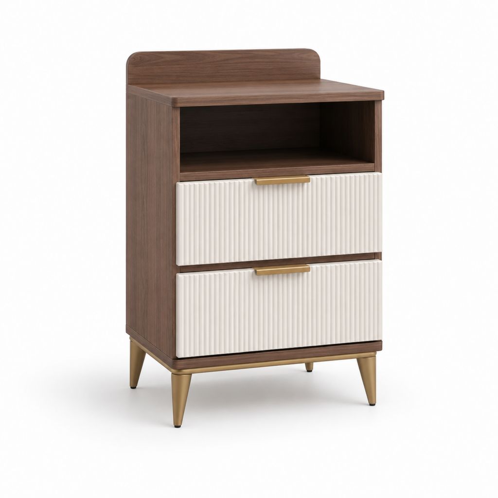 Nachttisch rechteckig Walnussbraun Weiß MDF 45 x 40 x 65 cm mit 2 Schubladen und offenem Fach